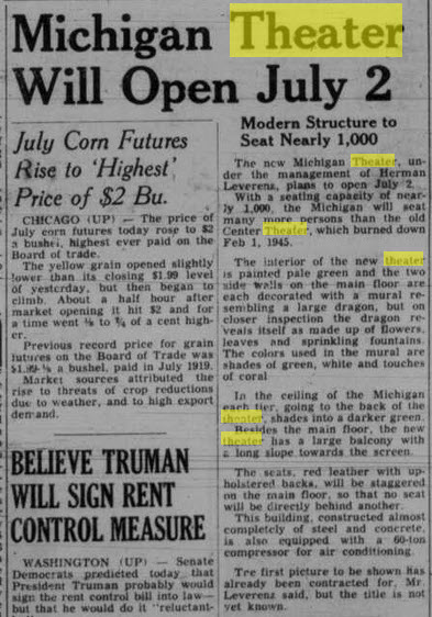 Michigan Theatre -  JUN 20 1947 ARTICLE ON OPENING